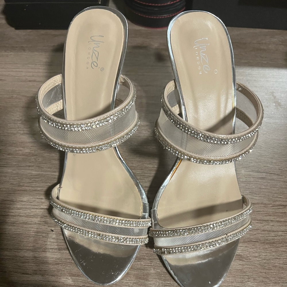 Silver and cream sandals with sparkle accents